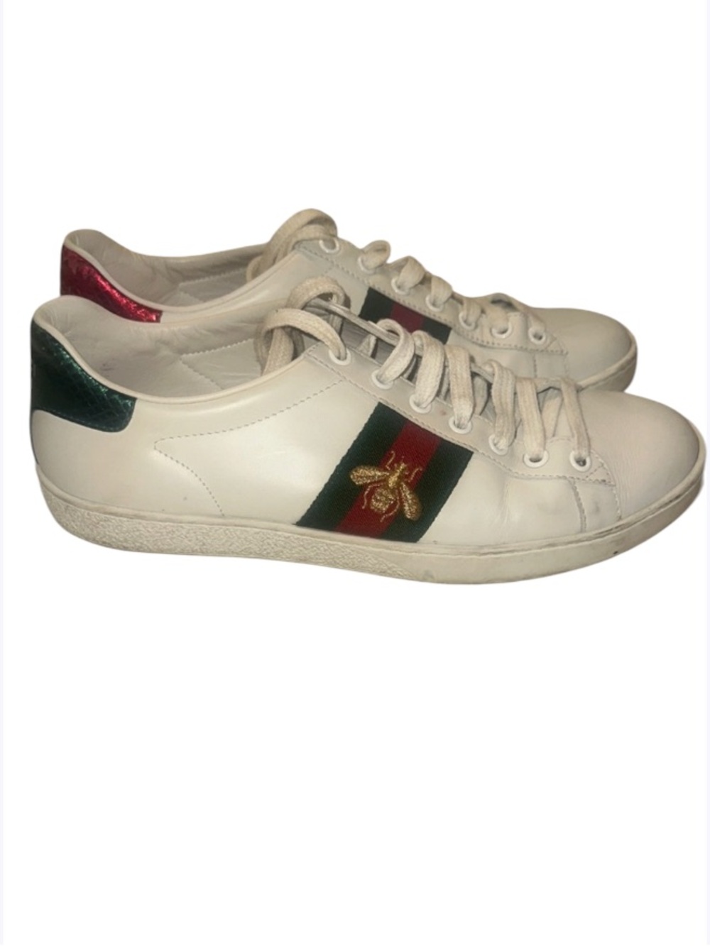Gucci Leather Ace Sneakers with Green and Red Stripe and Gold Bee 2 dustbags